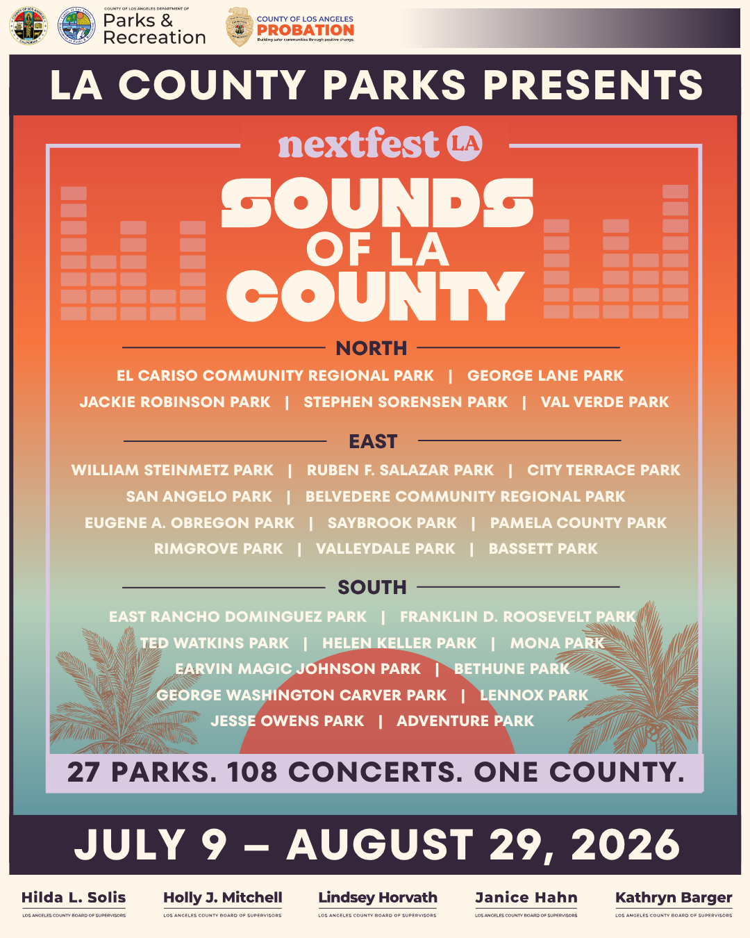 Official Sounds of LA County 2026 season poster listing all 27 participating LA County parks across North, East, and South regions, and the July 9 through August 29, 2026 season dates.