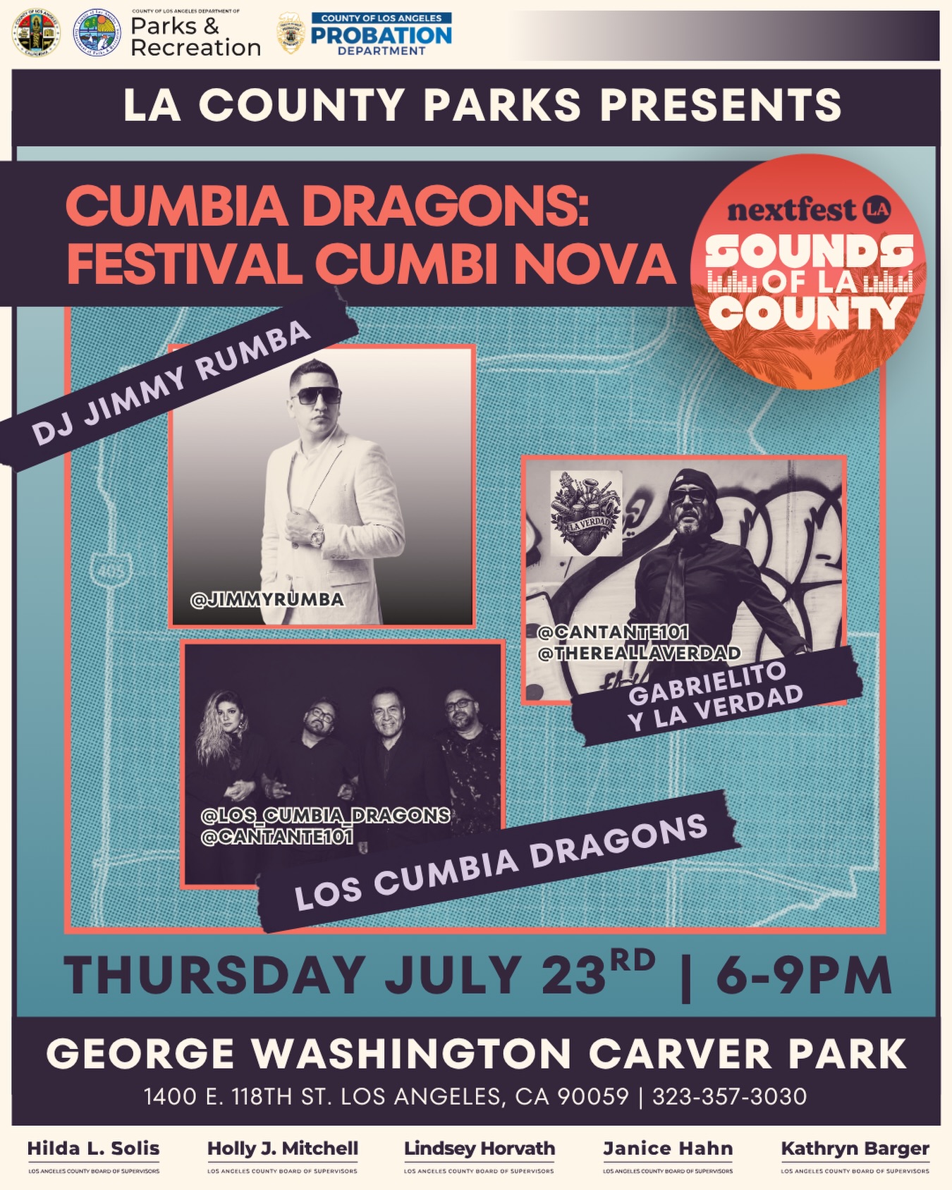 CUMBIA DRAGONS: FESTIVAL CUMBI NOVA flyer for Sounds of LA County at George Washington Carver Park