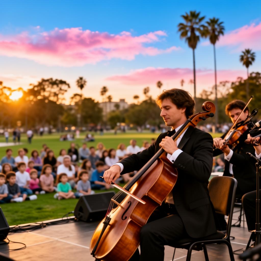 A cellist performing on an outdoor park stage at sunset with families on the lawn